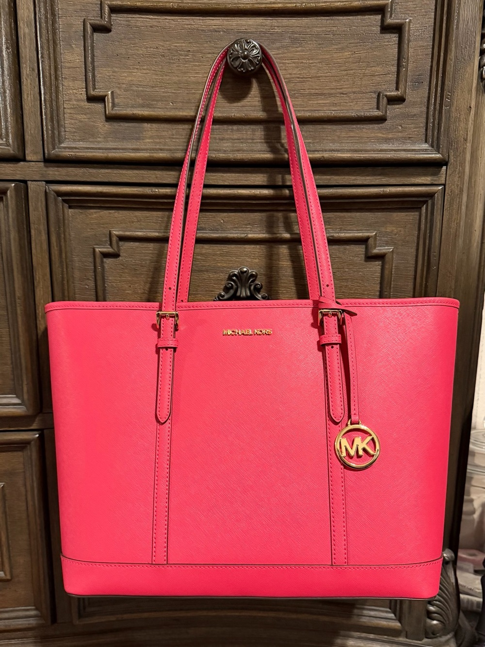 Michael Kors Pink Saffiano Leather Tote with Gold Hardware with Wallet